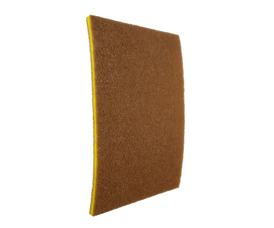 A rectangular brown abrasive pad with a yellow backing, shown at an angle against a white background. Scotch-Brite™ Clean & Shine Pad (28 in. x 14 in., 5/Case)